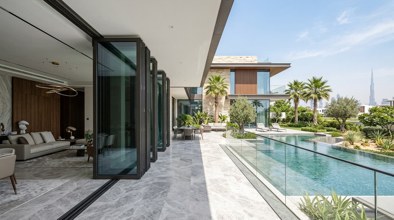 Multi-panel thermal break bifold doors open to modern courtyard pool in Dubai