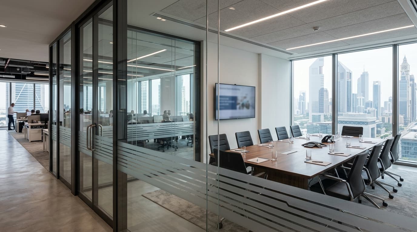 Acoustic movable double-glazed glass partitions installed in corporate boardroom