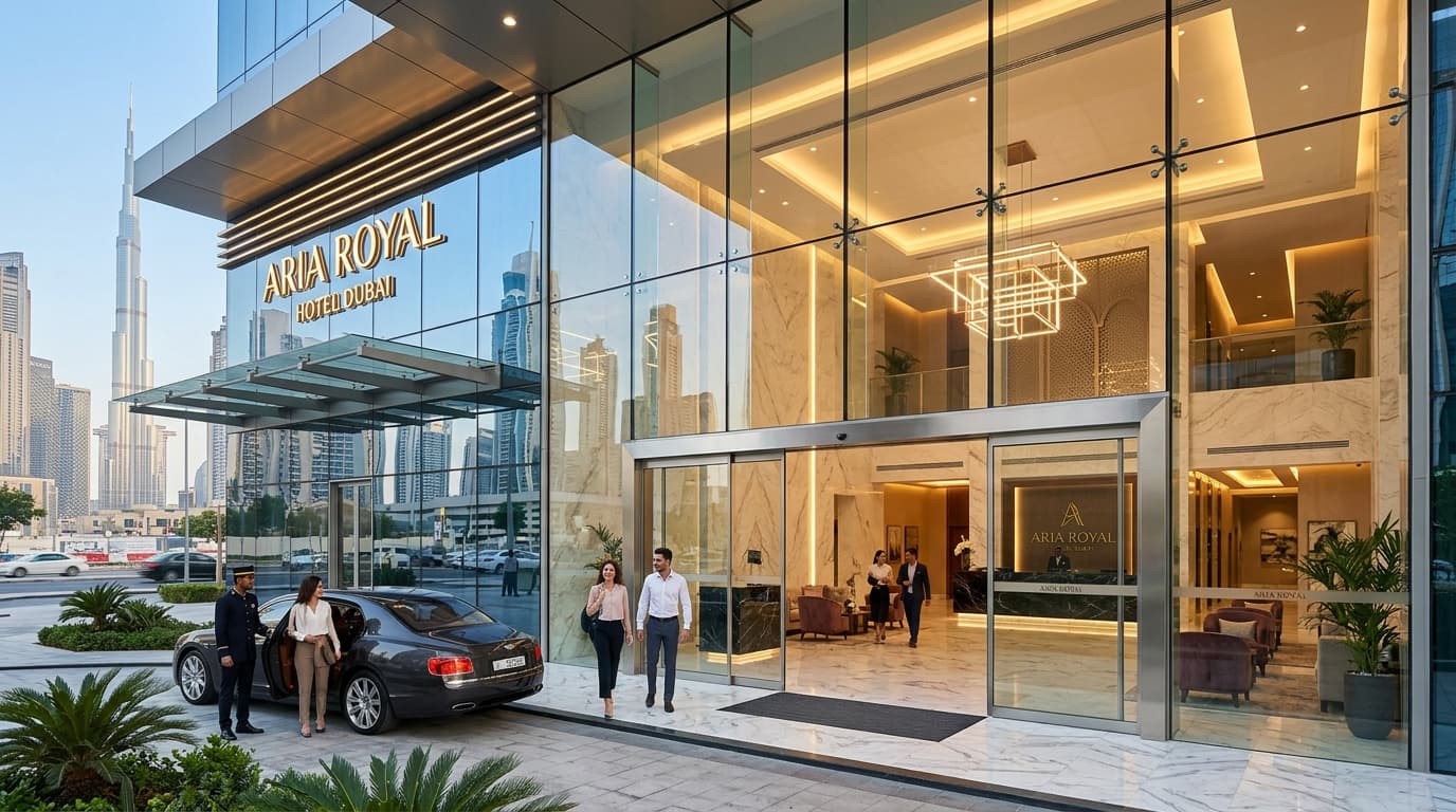 Heavy-duty automatic sliding glass door facade in Dubai commercial entrance